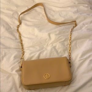 Tan Tory Burch Flap Chain Bag gold hardware